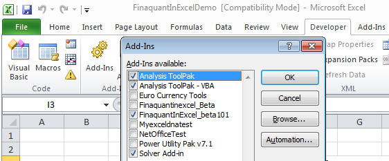 Installing Excel Add-in Finaquant in Excel